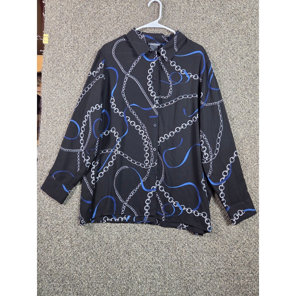 Chelsea & Theodore Button Up Shirt Womens XXL Black‎ Navy Chain Link Print
